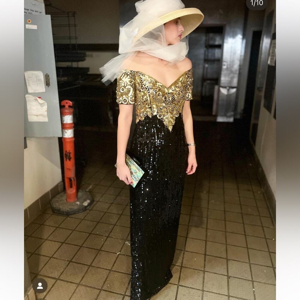 Vintage 80s Oleg Cassini glam black gold bead sequin off the shoulder maxi dress